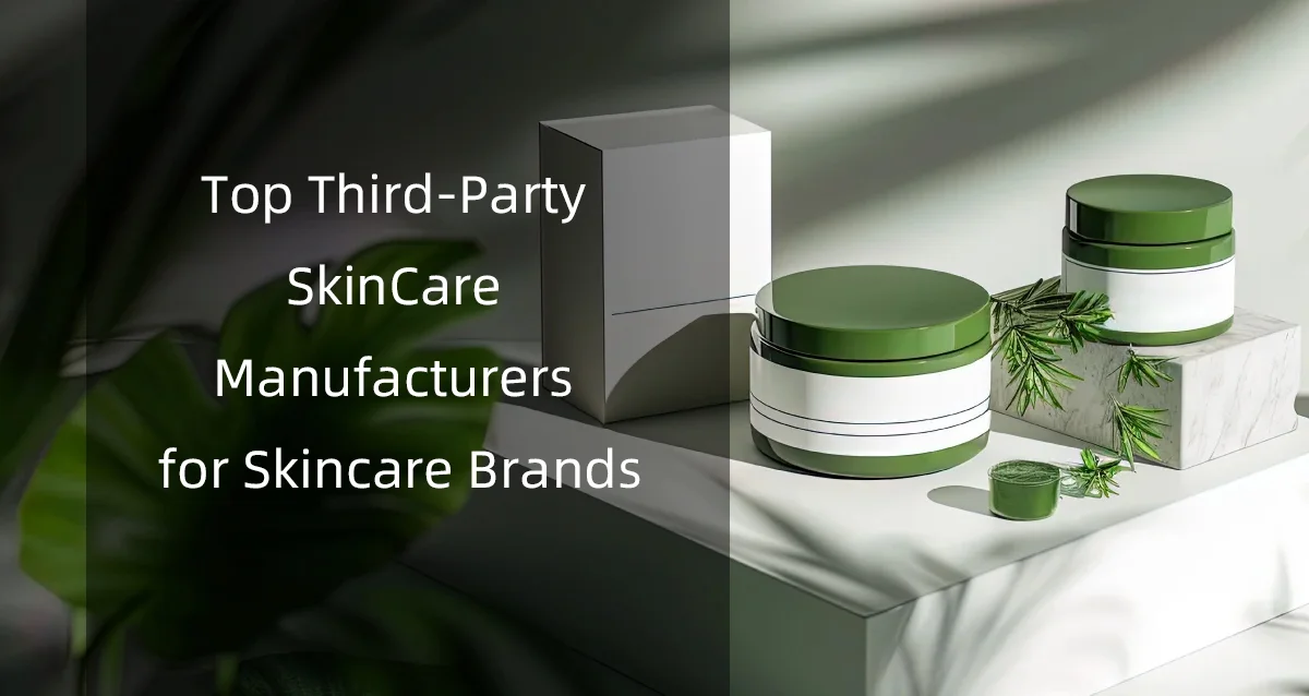Green skincare containers on marble surface with text about top third-party skincare manufacturers for brands.